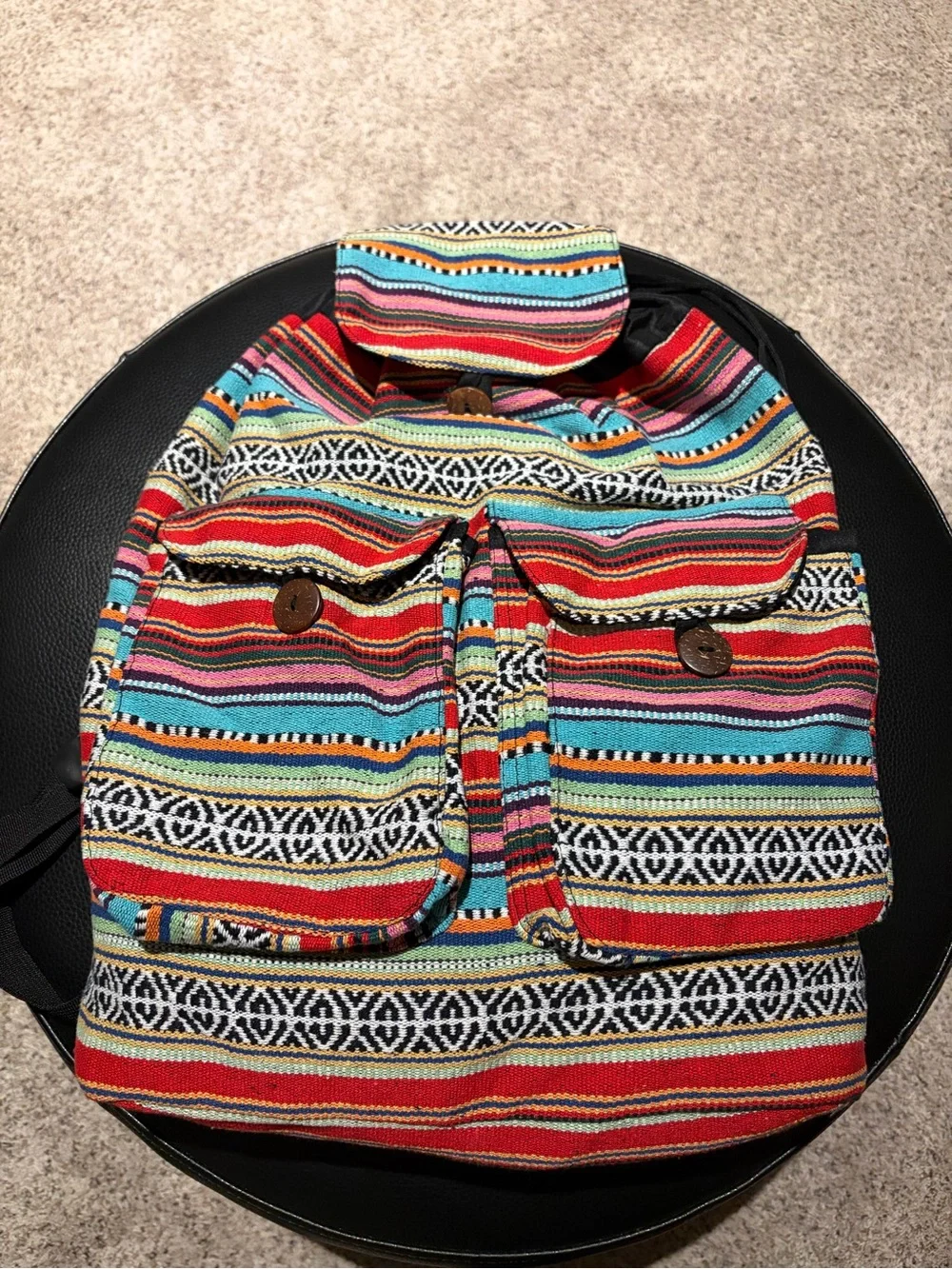 Made in Nepal. Colorful Striped Woven Backpack